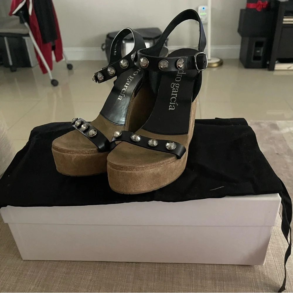Pedro Garcia Black and Brown Platform Sandals with Ankle Straps Size 9